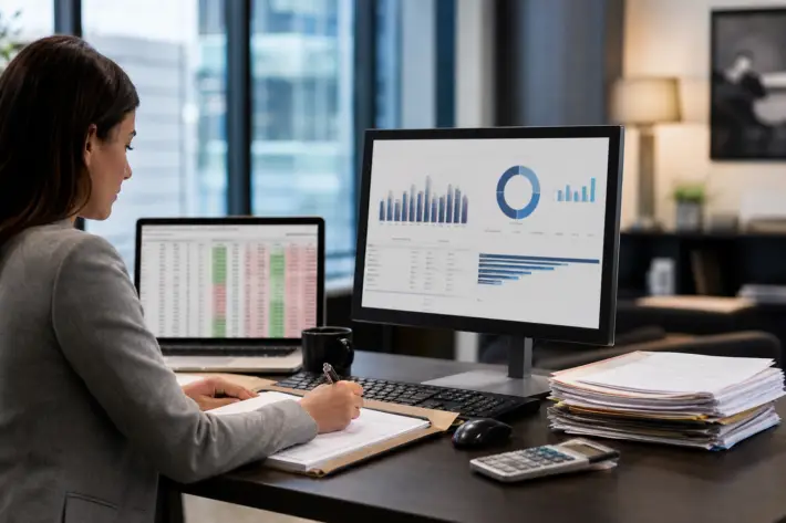 woman using dual monitors displaying charts for automated ofccp compliance tracking