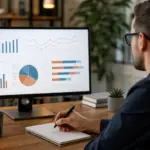 man observing graphs on a monitor, analyzing craigslist august hiring patterns and writing notes.