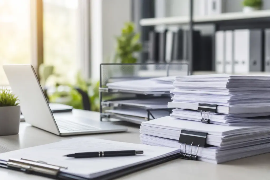 stacks of papers representing ofccp compliance documentation requirements on a busy office desk.