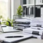 stacks of papers representing ofccp compliance documentation requirements on a busy office desk.
