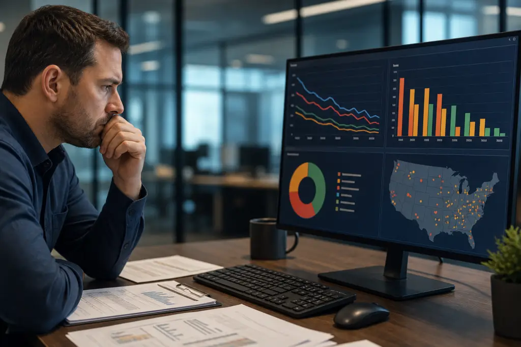 man evaluating ofccp compliance job visibility data from a computer monitor dashboard.