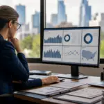 woman in glasses analyzing data on a monitor, reflecting ofccp recruitment compliance seasonal hiring
