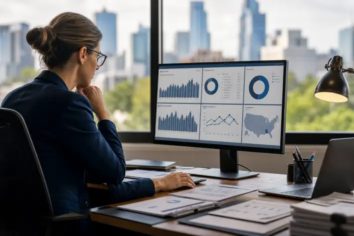 woman in glasses analyzing data on a monitor, reflecting ofccp recruitment compliance seasonal hiring