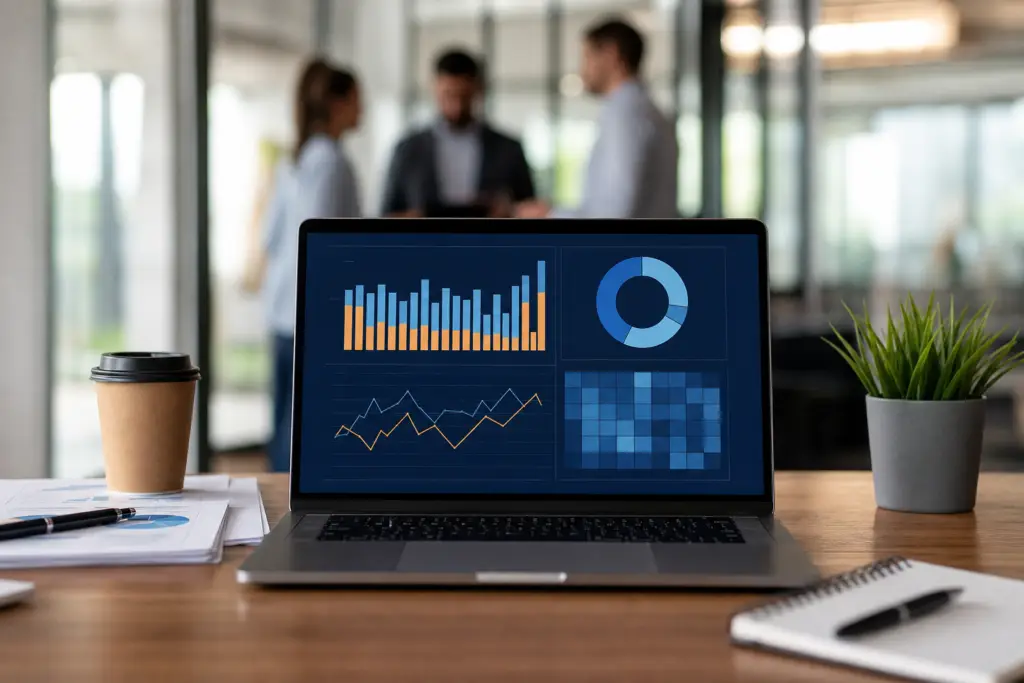 laptop displaying data visualizations on federal contractor job distribution gaps, with blurred people in the background.