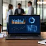 laptop displaying data visualizations on federal contractor job distribution gaps, with blurred people in the background.