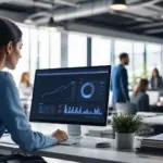 woman analyzing september hiring surge applicant tracking data on a computer dashboard in a busy office.