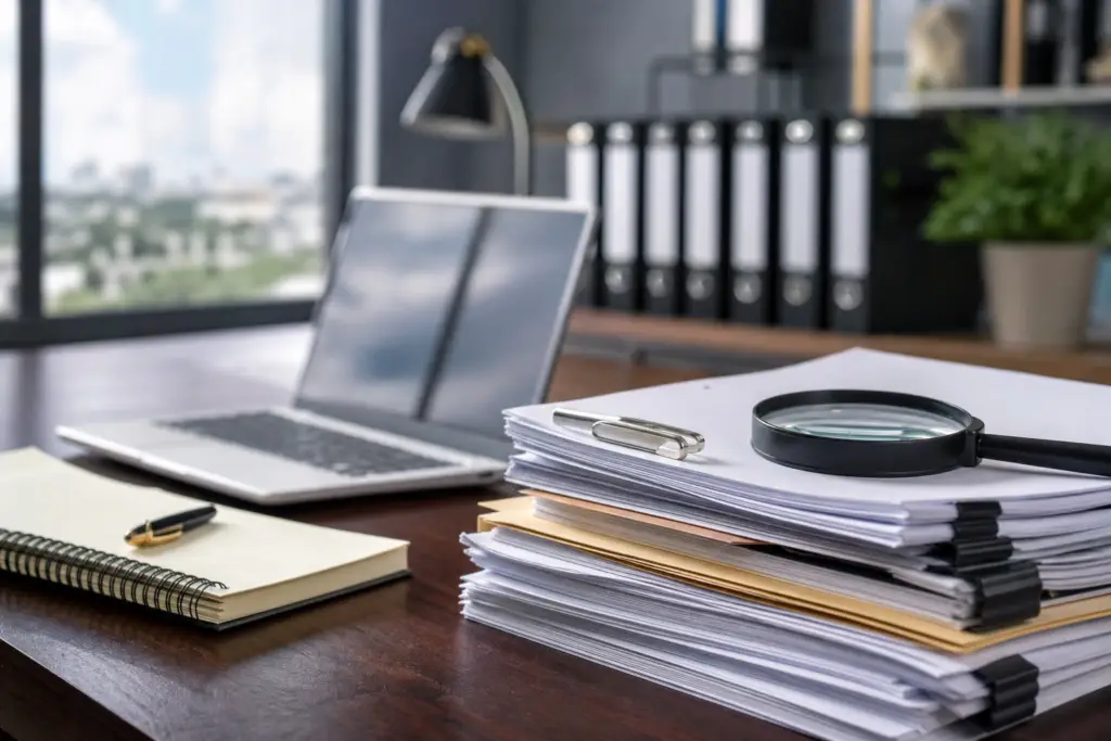desk with laptop, stacked papers, magnifying glass, and binders, demonstrating ats integration audit readiness.
