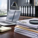 desk with laptop, stacked papers, magnifying glass, and binders, demonstrating ats integration audit readiness.