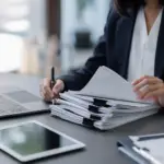 professional reviewing bulk job posting compliance documentation with pen, laptop, and tablet.