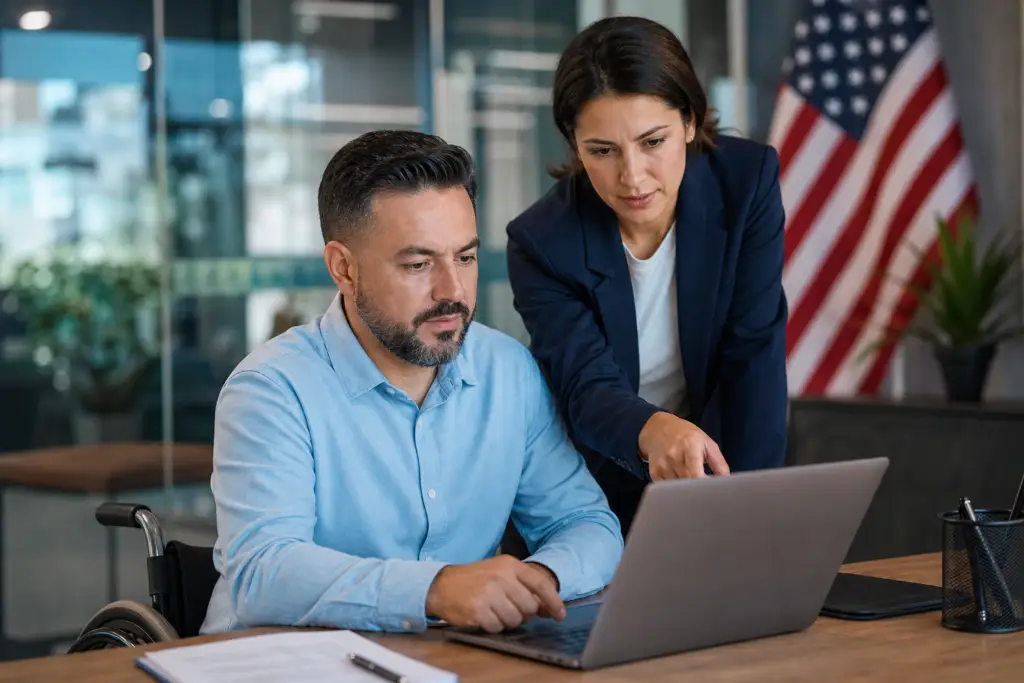 man in wheelchair and woman reviewing disability veteran outreach posting requirements on a laptop.