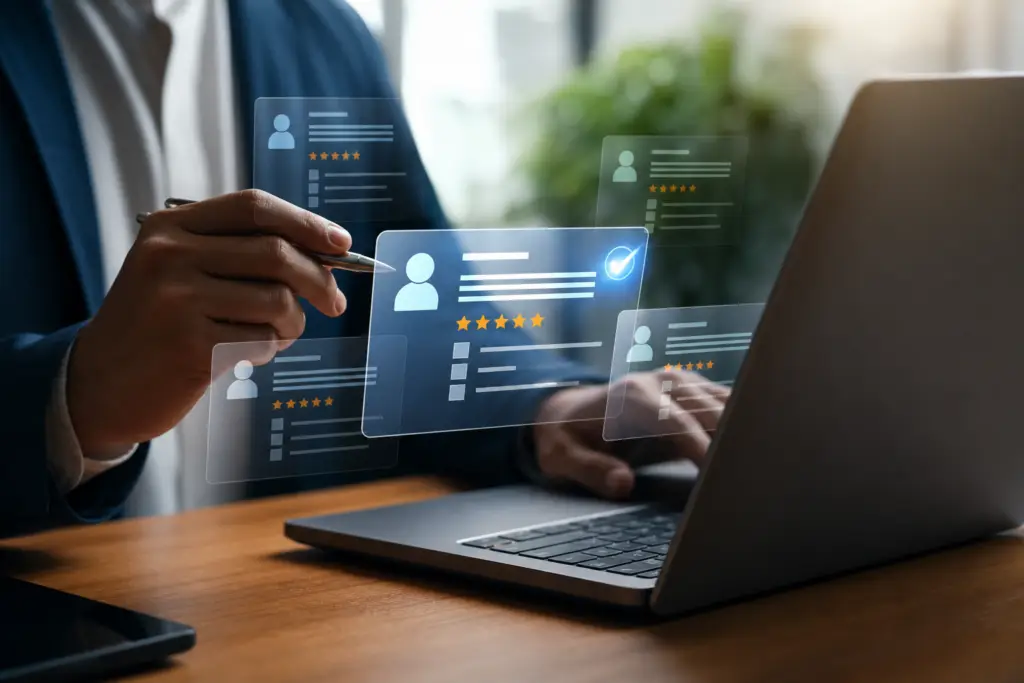 person reviewing digital candidate profiles with star ratings and checkmarks, illustrating job board search ranking factors.