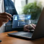 person reviewing digital candidate profiles with star ratings and checkmarks, illustrating job board search ranking factors.