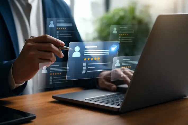 person reviewing digital candidate profiles with star ratings and checkmarks, illustrating job board search ranking factors.