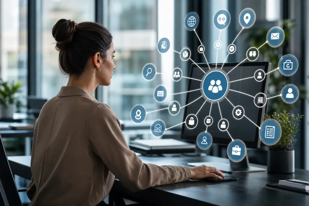 woman at computer visualizing job board distribution strategy with connected icons.