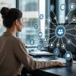woman at computer visualizing job board distribution strategy with connected icons.