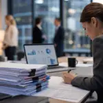 woman reviews documents for ofccp compliance audit preparation, surrounded by stacks of files and a laptop.