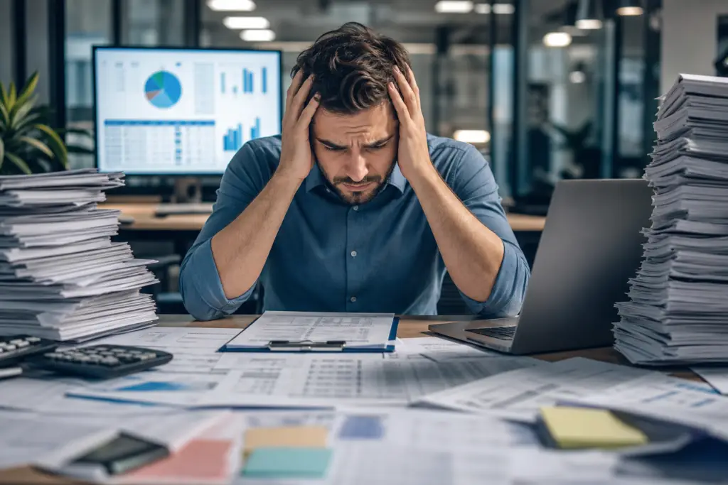 stressed man at messy desk, overwhelmed by paperwork and screen charts, worried about spreadsheet applicant tracking costs.