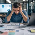 stressed man at messy desk, overwhelmed by paperwork and screen charts, worried about spreadsheet applicant tracking costs.
