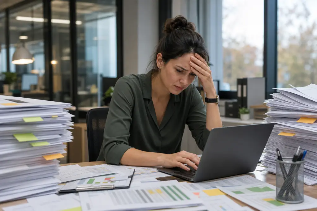 stressed woman surrounded by paperwork and a laptop, illustrating why manual ofccp compliance tracking fails during q4 recruitment planning.