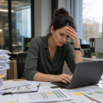 stressed woman surrounded by paperwork and a laptop, illustrating why manual ofccp compliance tracking fails during q4 recruitment planning.
