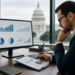 man analyzing data on screen and clipboard for affirmative action plan updates, capitol building visible.