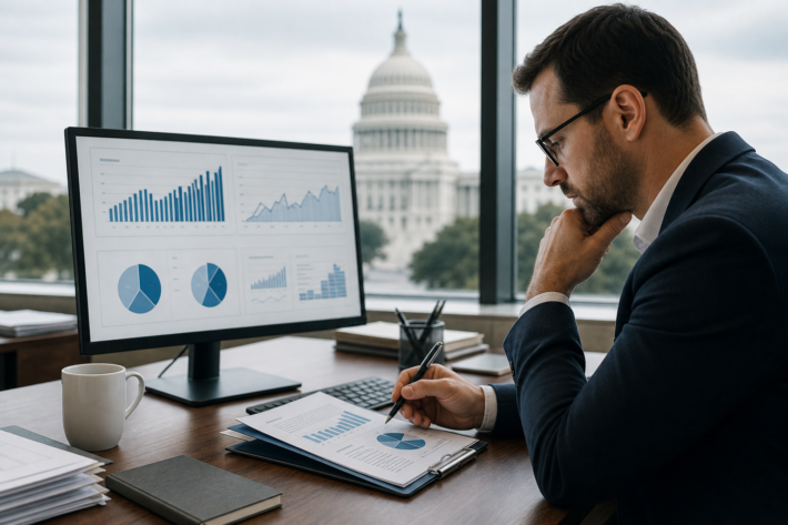 man analyzing data on screen and clipboard for affirmative action plan updates, capitol building visible.