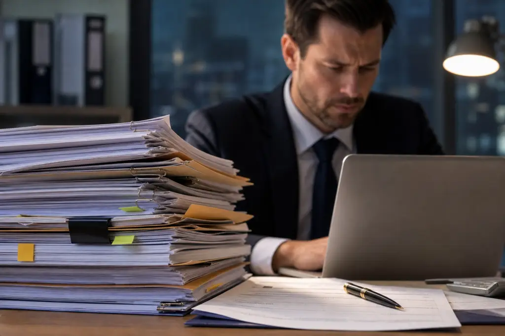 businessman reviewing applicant flow logs audit risk with a large stack of documents and laptop.