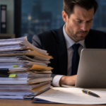 businessman reviewing applicant flow logs audit risk with a large stack of documents and laptop.
