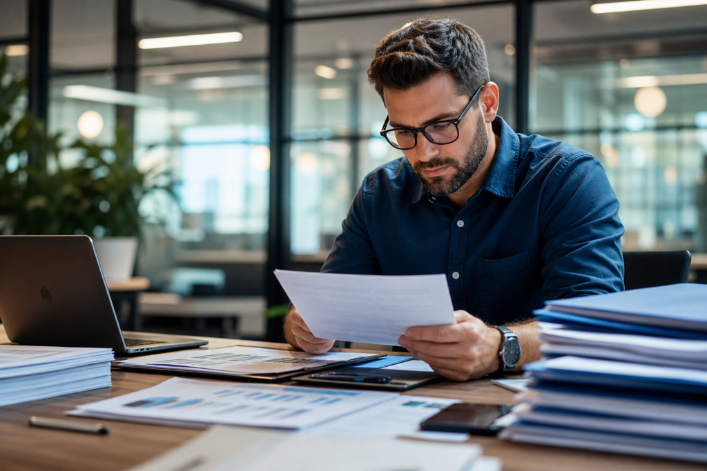 man reviewing documents at a desk, ensuring ats integration ofccp compliance.