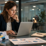 woman working on laptop at desk with documents and charts, ensuring bulk job posting compliance.