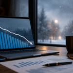 laptop displaying a declining graph with craigslist job posting volume decline on a desk with coffee and snowy window.
