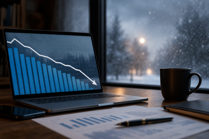 laptop displaying a declining graph with craigslist job posting volume decline on a desk with coffee and snowy window.