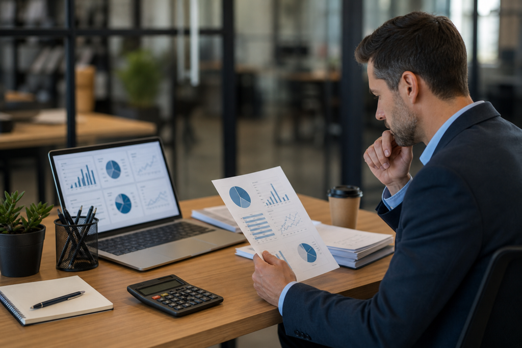 man reviewing charts on laptop and paper, performing a job board cost audit.