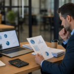 man reviewing charts on laptop and paper, performing a job board cost audit.