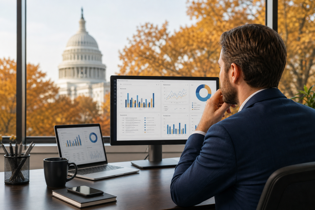 man in suit viewing data dashboards on screens, ensuring job posting frequency compliance.