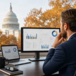 man in suit viewing data dashboards on screens, ensuring job posting frequency compliance.