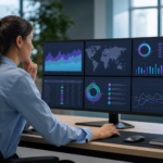 woman viewing multi-platform job board distribution data on a large monitor displaying charts and graphs.