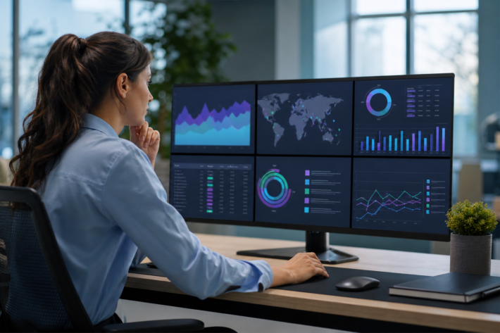 woman viewing multi-platform job board distribution data on a large monitor displaying charts and graphs.