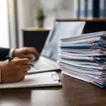 person writing, typing on laptop, beside stack of documents for ofccp compliance audits federal contractors.