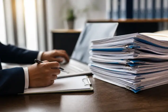 person writing, typing on laptop, beside stack of documents for ofccp compliance audits federal contractors.