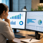 woman analyzing dual monitors with ofccp recruitment analytics reports and data visualizations.