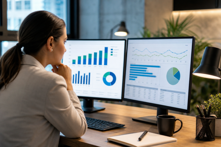 woman analyzing dual monitors with ofccp recruitment analytics reports and data visualizations.