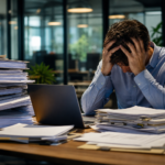 stressed man overwhelmed by paperwork and laptop, preparing for ofccp audit q4.